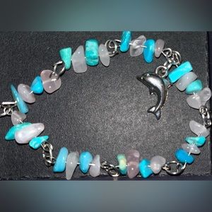 Turquoise and rose quartz crystal bracelet with dolphin charm